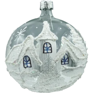 Szklana bombka choinkowa okrągła kula przezroczysta biała zimowa wioska