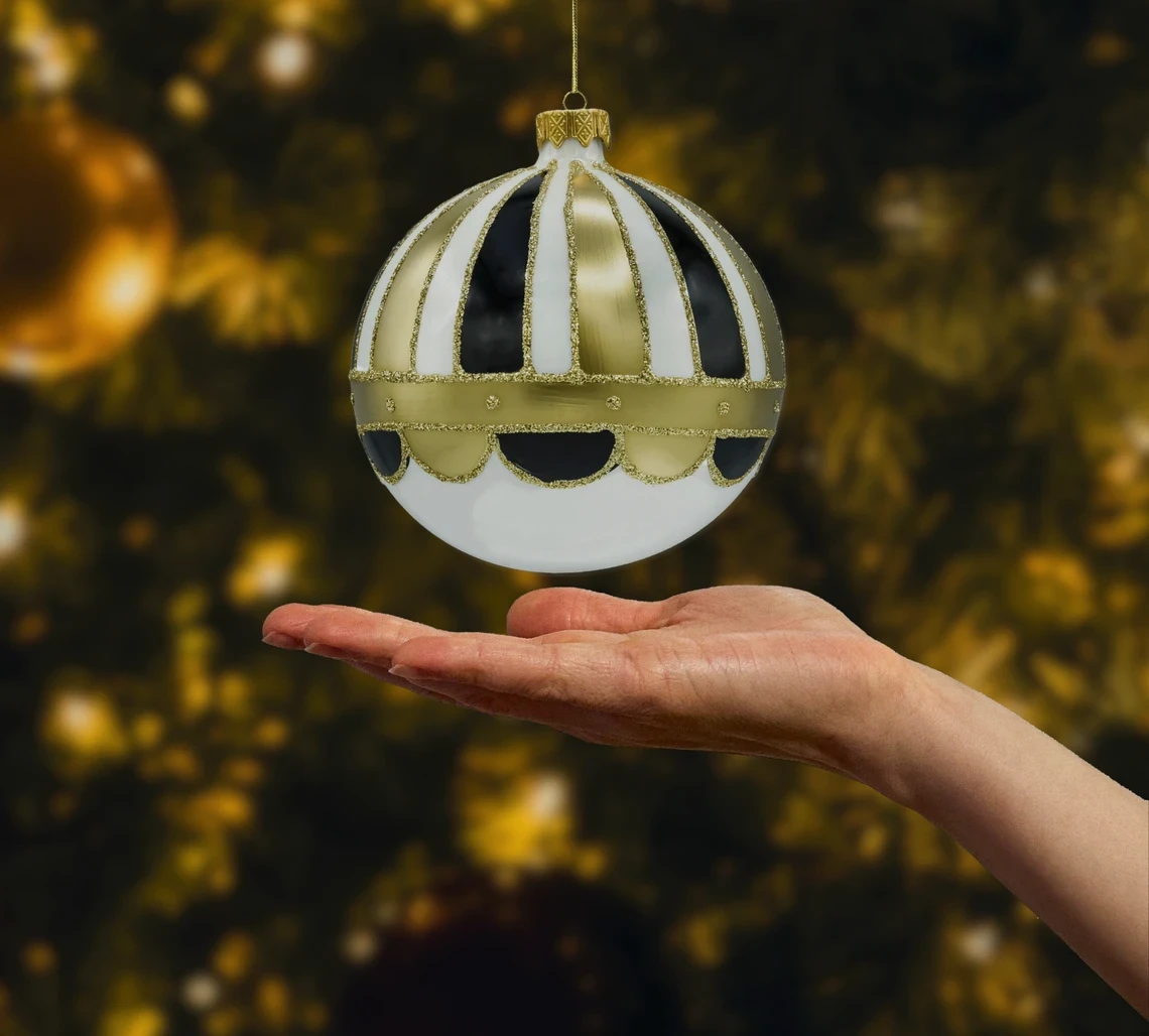 Bombka okrągła biała: czarno-złoty zestaw realne zdjęcie