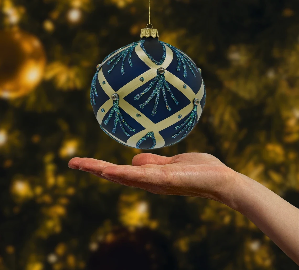Bombka okrągła ze złotymi pasami: granatowa realne zdjęcie