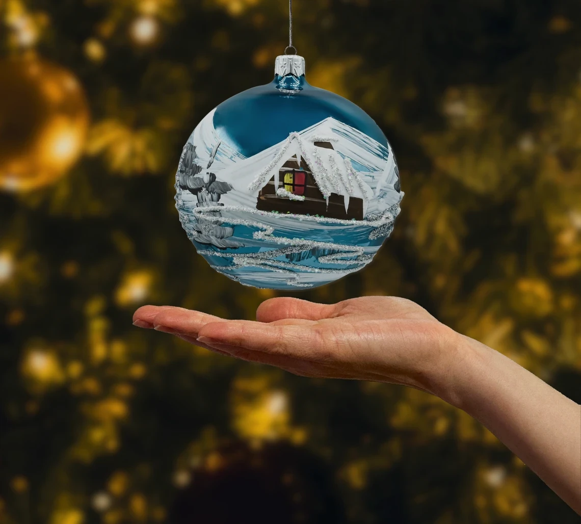 Bombka okrągła Zimowa Wioska: niebieska realne zdjęcie