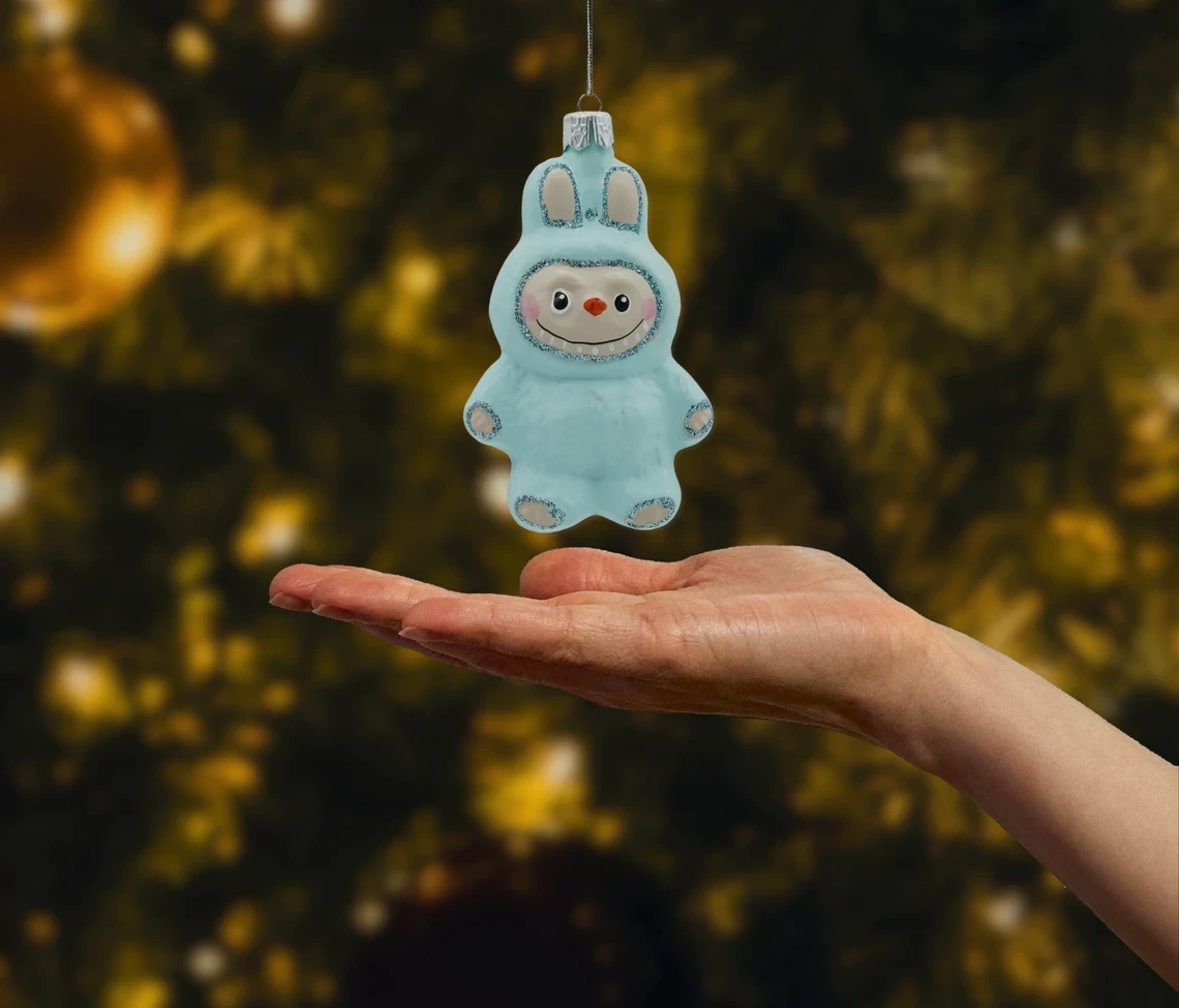 Bombka szklana figurka Labubu pastelowe: błękitne realne zdjęcie