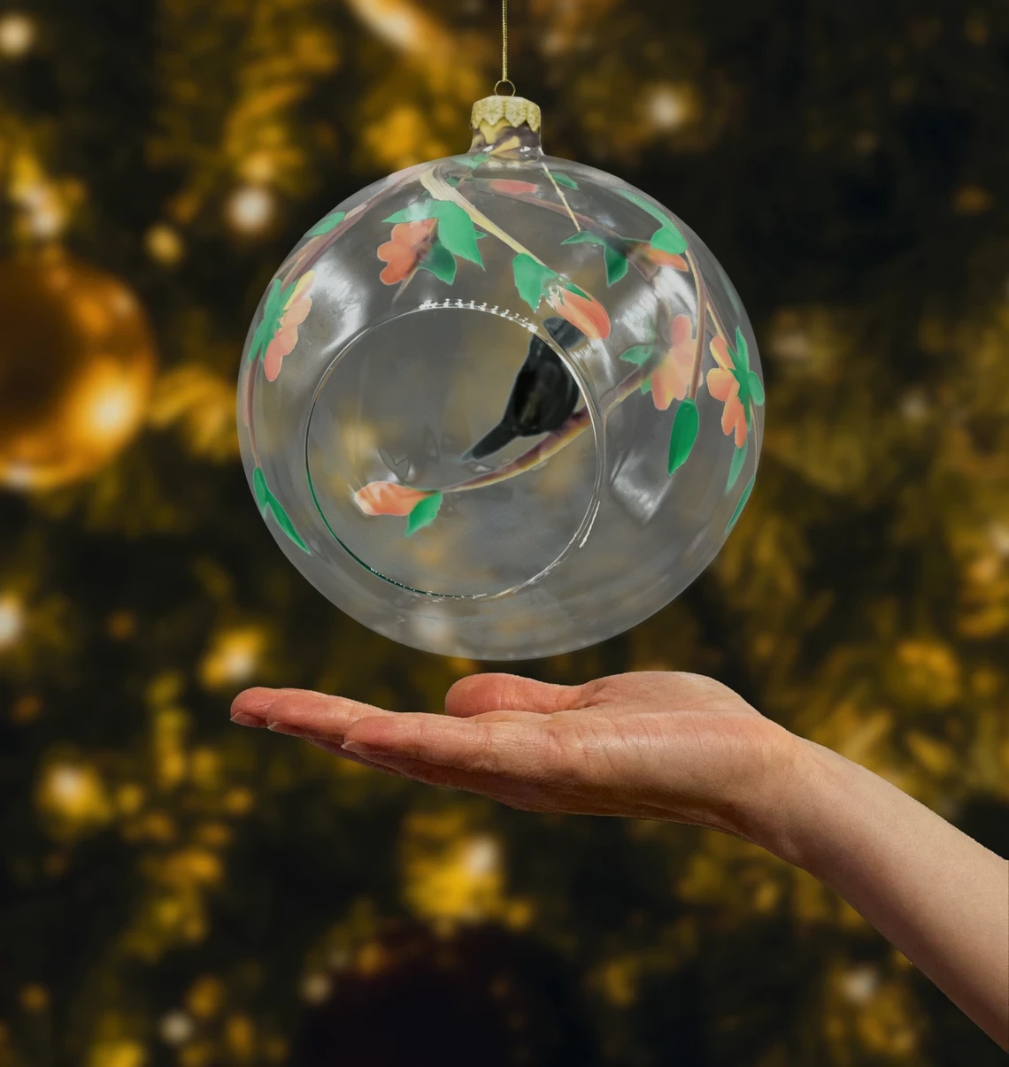 Bombka szklana Lampion: ptak i kwiaty realne zdjęcie