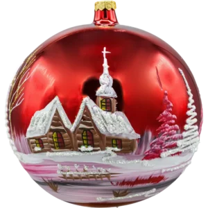 Bombka okrągła duża: Zimowy Kościółek czerwony