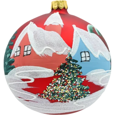 Bombka okrągła Zimowe Domki: czerwona