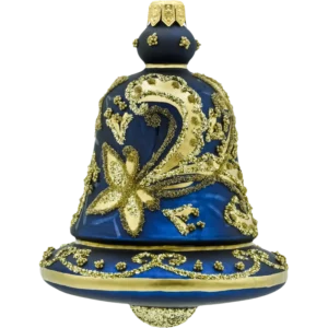 Szklana bombka choinkowa figurka Dzwonek ze złotym ornamentem: granatowy