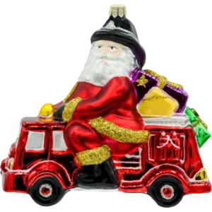 Szklana bombka choinkowa figurka Mikołaj w wozie strażackim