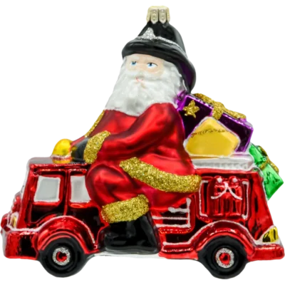 Szklana bombka choinkowa figurka Mikołaj w wozie strażackim