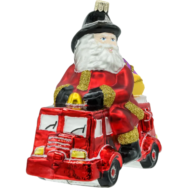 Szklana bombka choinkowa figurka Mikołaj w wozie strażackim front