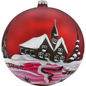 Bombka okrągła matowa: czerwony Zimowy Pejzaż