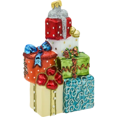 Szklana bombka choinkowa figurka Stos prezentów tył