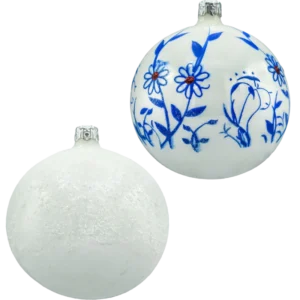 Bombki okrągłe biało-niebieskie kwiaty: dekorowana i biała