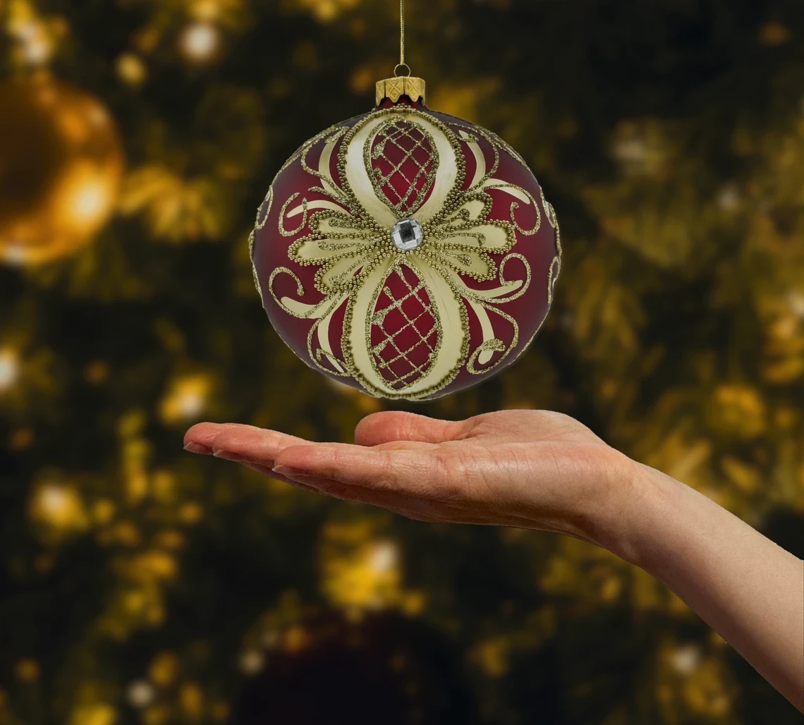 Bombka ekskluzywna czerwono-złota ze stojakiem realne zdjęcie