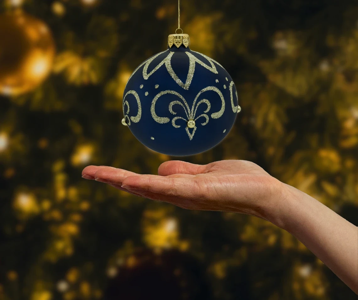 Bombki okrągłe granatowe ze złotym ornamentem realne zdjęcie