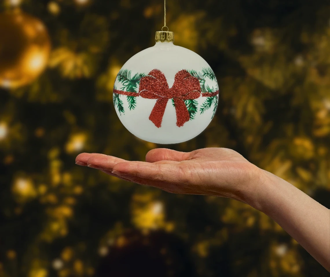 Bombki okrągłe kremowe z kokardą realne zdjęcie