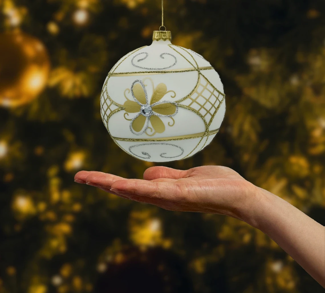 Bombki okrągłe: złote brokatowe i ecru realne zdjęcie