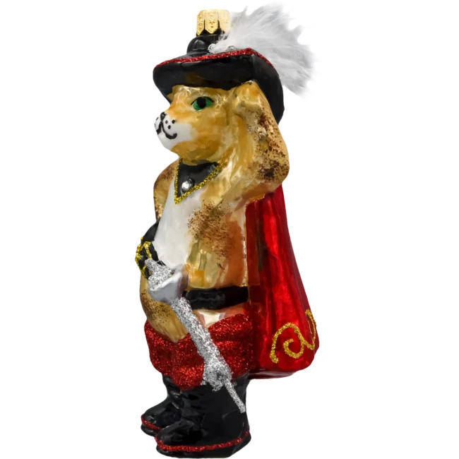 Szklana bombka figurka Kot w butach z szablą bok
