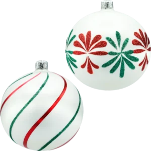 Bombki okrągłe: biała satyna z czerwono-zielonym brokatem obie bombki