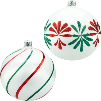 Bombki okrągłe: biała satyna z czerwono-zielonym brokatem obie bombki