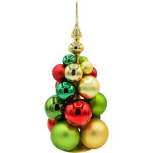 Szklana choinka z bombek czerwonych, zielonych i złotych
