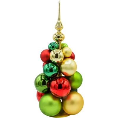Szklana choinka z bombek czerwonych, zielonych i złotych