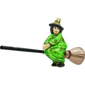 Szklana bombka choinkowa figurka Czarownica na miotle: jasnozielona