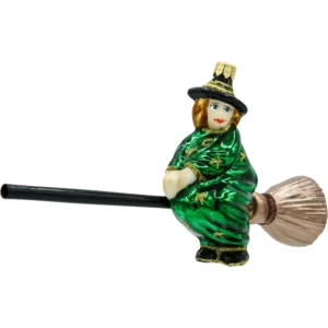 Szklana bombka choinkowa figurka Czarownica na miotle: zielona