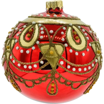 Zestaw szklanych bombek okrągłych Bombki czerwone ze złotym ornamentem i kryształkami