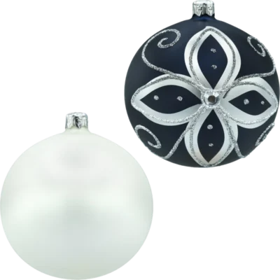 Bombki okrągłe: granatowe i białe obie bombki