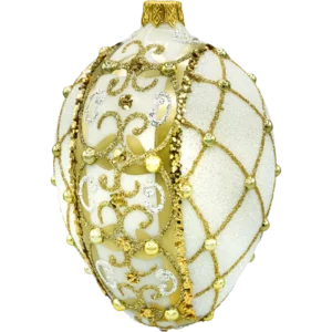 Szklana bombka choinkowa Jajo ze złotym ornamentem: białe bok