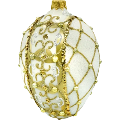 Szklana bombka choinkowa Jajo ze złotym ornamentem: białe bok