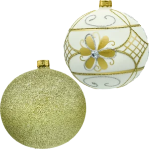 Bombki okrągłe: złote brokatowe i ecru obie bombki