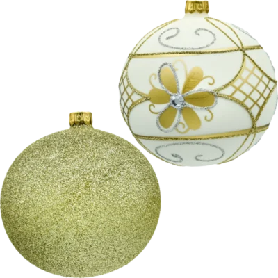 Bombki okrągłe: złote brokatowe i ecru obie bombki