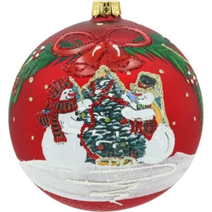 Bombka okrągła czerwona: Bałwanki przy choince