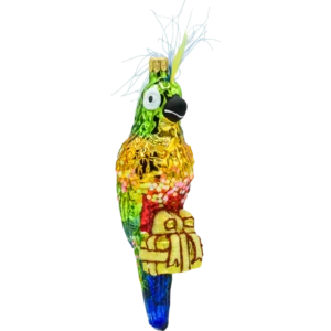 Szklana bombka choinkowa figurka Papuga z prezentem