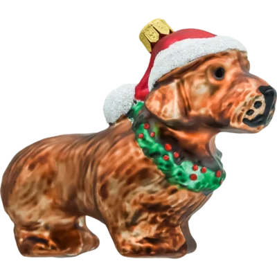 Szklana bombka figurka Jamnik w czapce Mikołaja