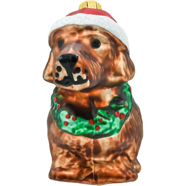 Szklana bombka figurka Jamnik w czapce Mikołaja front