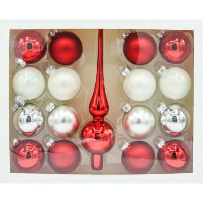 Zestaw szklanych bombek Bombki okrągłe: Świąteczna paleta czerwono-biała opakowanie