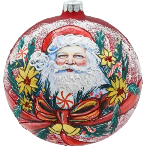Bombka okrągła czerwona: Święty Mikołaj w świątecznym wieńcu