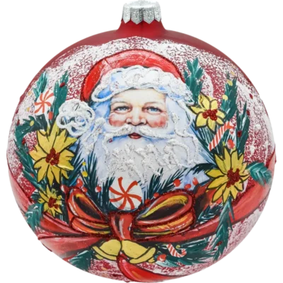 Bombka okrągła czerwona: Święty Mikołaj w świątecznym wieńcu