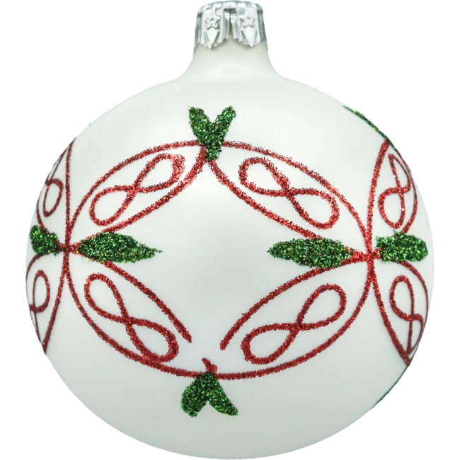 Bombki okrągłe białe: czerwono-zielony ornament bok