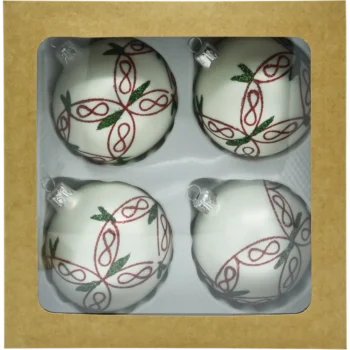 Bombki okrągłe białe: czerwono-zielony ornament