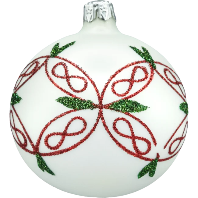 Bombki okrągłe białe: czerwono-zielony ornament