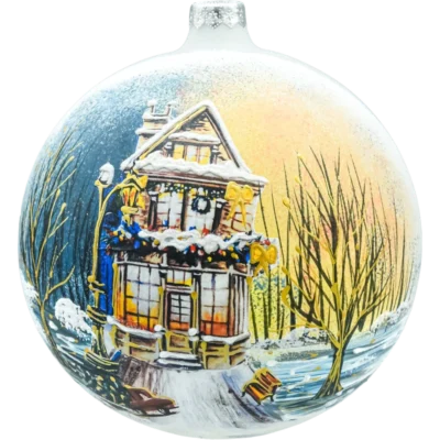 Bombka okrągła: Zimowy domek ze stojakiem front