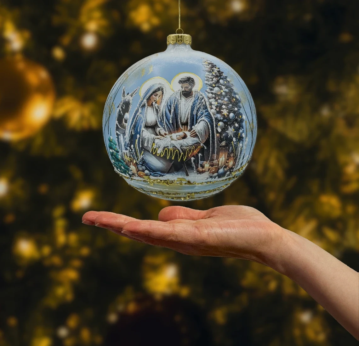 Bombka szklana Szopka Betlejemska w zestawie ze stojakiem realne zdjęcie