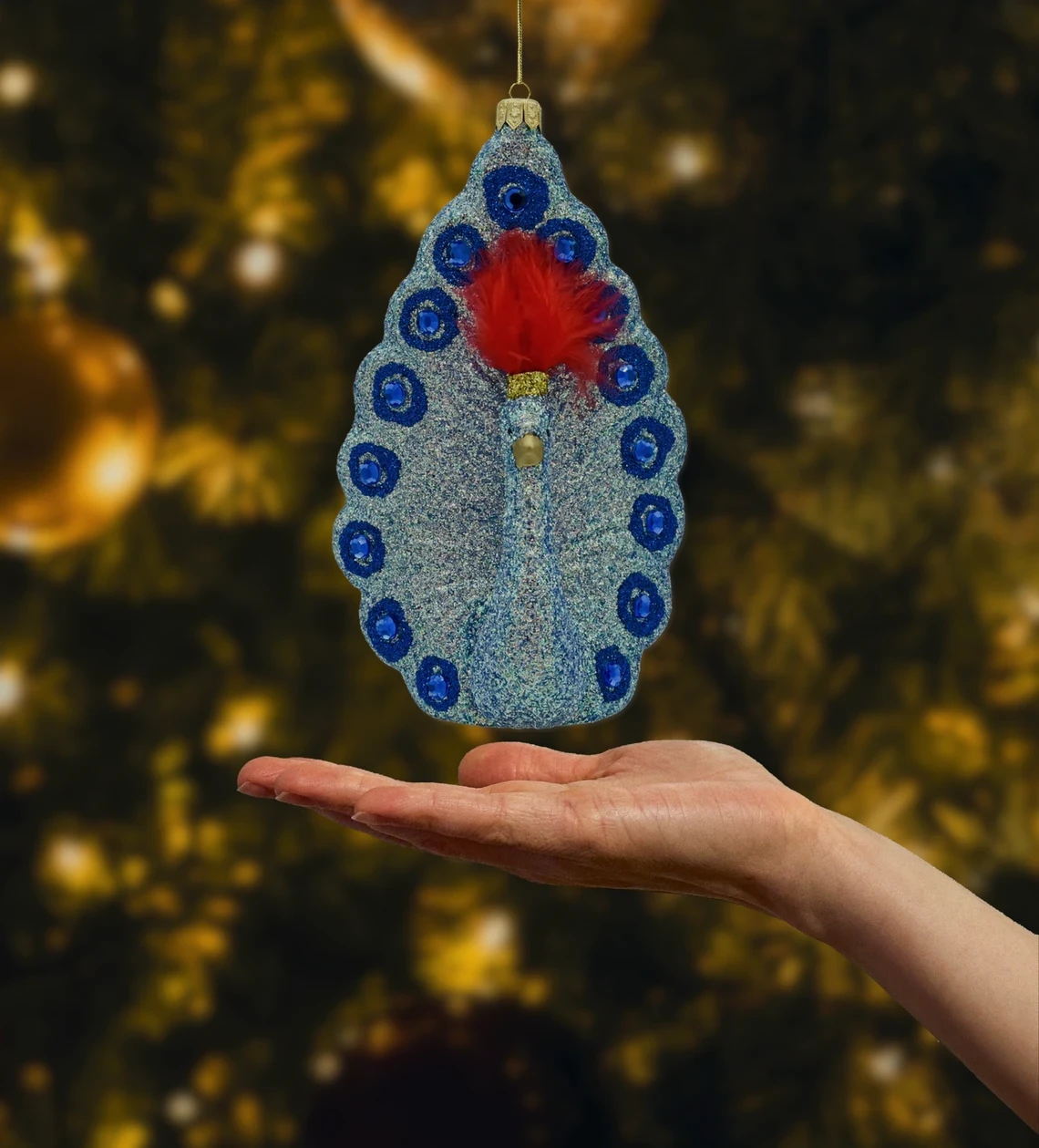 Bombka szklana Paw z piórami: Blue Glamour realne zdjęcie