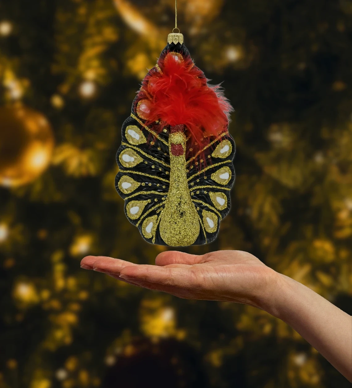 Bombka szklana Paw z piórami: czarno-złoty realne zdjęcie