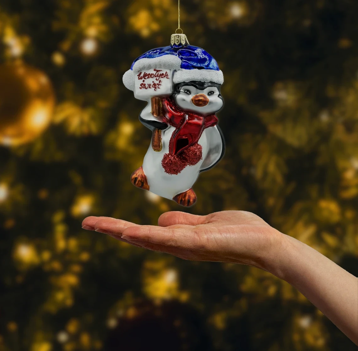 Bombka szklana Pingwin z tabliczką "Wesołych Świąt" realne zdjęcie