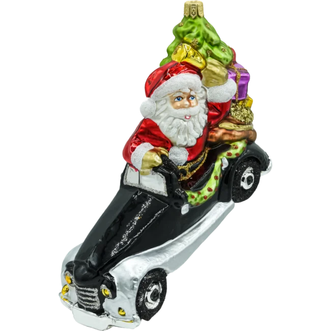 Bombka szklana figurka Mikołaj w aucie retro z prezentami front