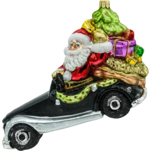 Bombka szklana figurka Mikołaj w aucie retro z prezentami