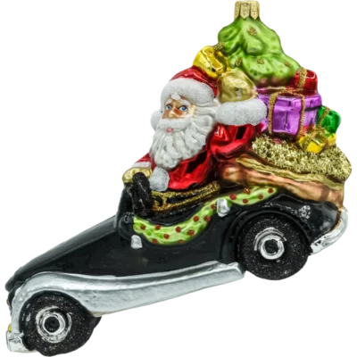 Bombka szklana figurka Mikołaj w aucie retro z prezentami